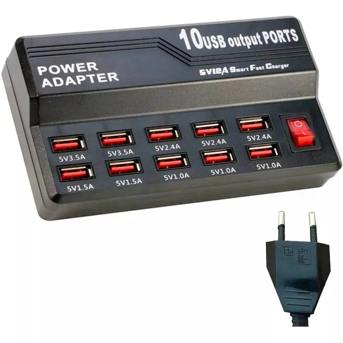 GENERICO - Cargador Múltiple Usb 10 Puertos Carga Rápida 5v 12a
