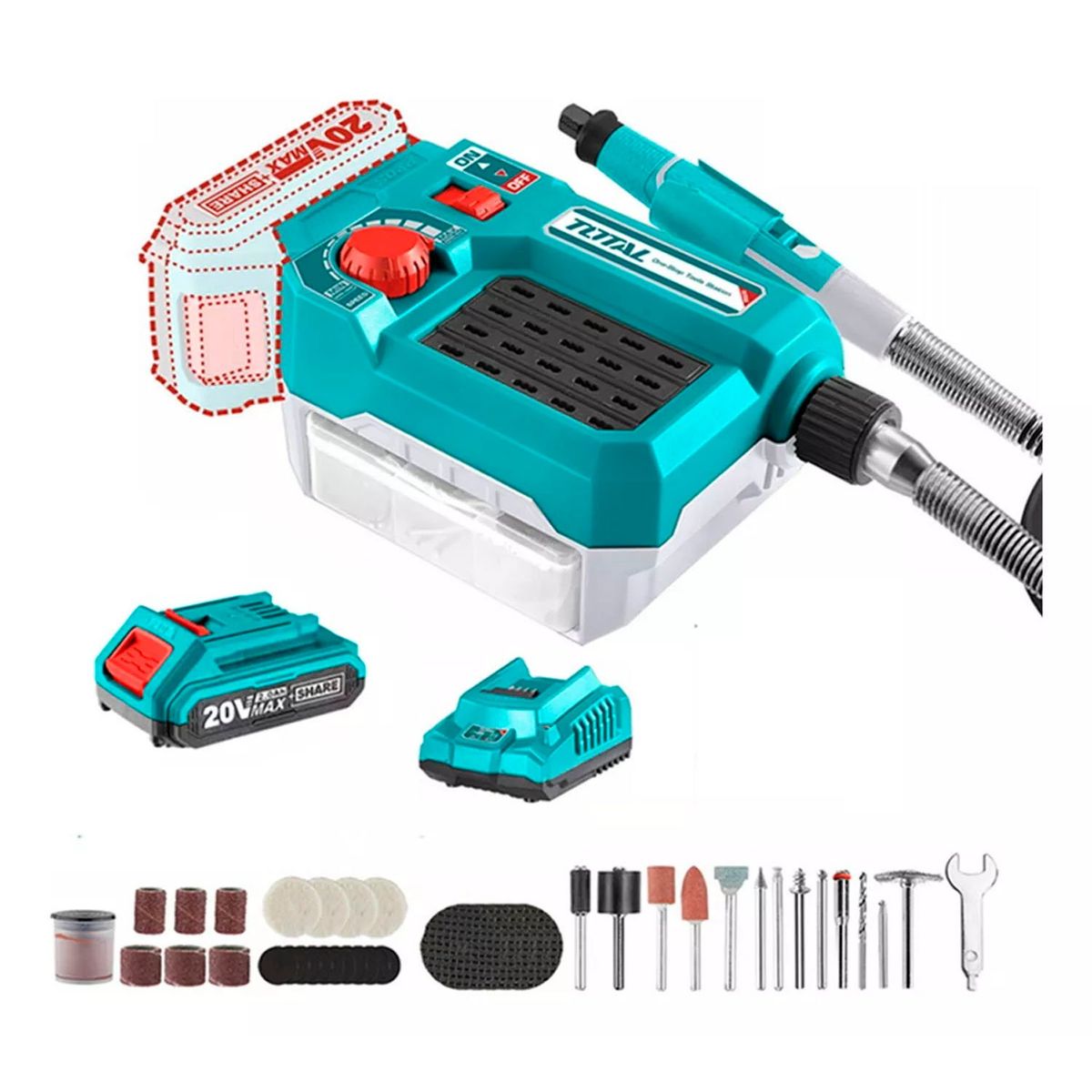 TOTAL TOOLS - Mini Torno Herramienta Multiuso+40 Acc 20v Bat+ Carg Total