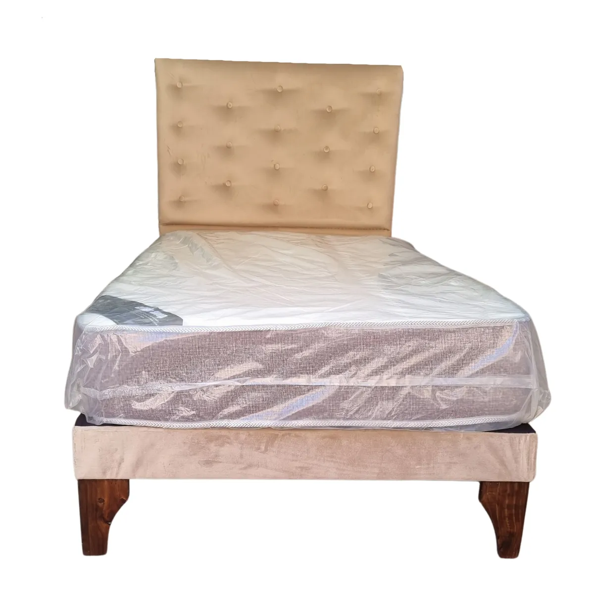 GENERICO - Cama Europea 1.5 Plazas + Respaldo Beige A Piso + Colchón Resorte