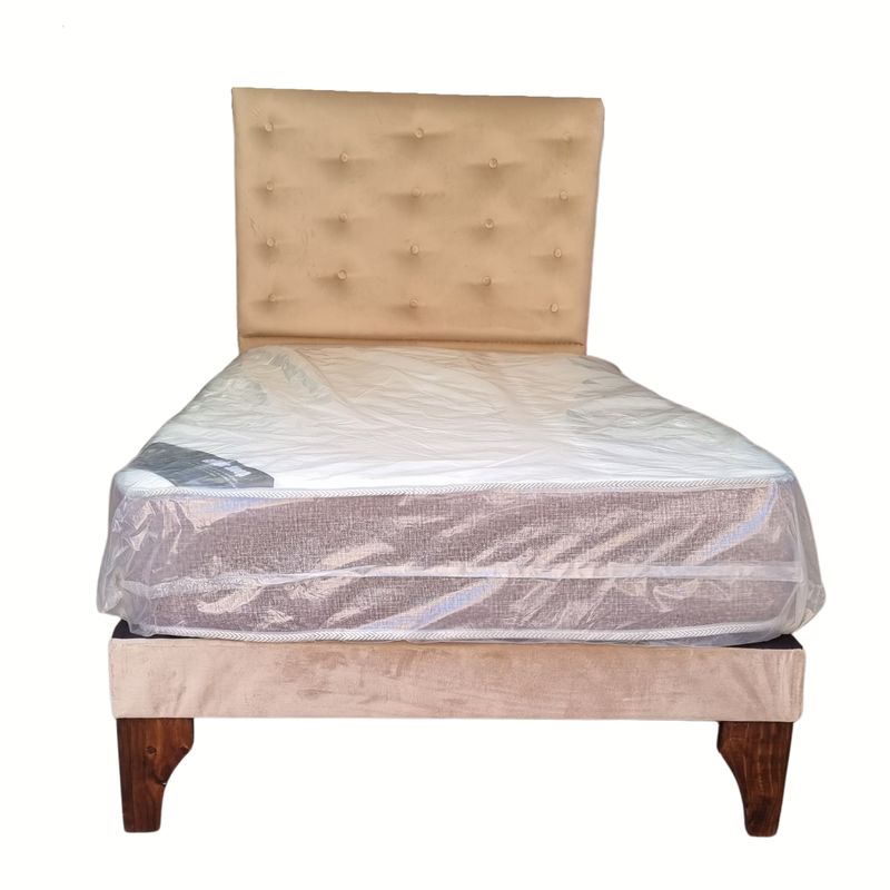 GENERICO - Cama Europea 1.5 Plazas + Respaldo Beige A Piso + Colchón Resorte