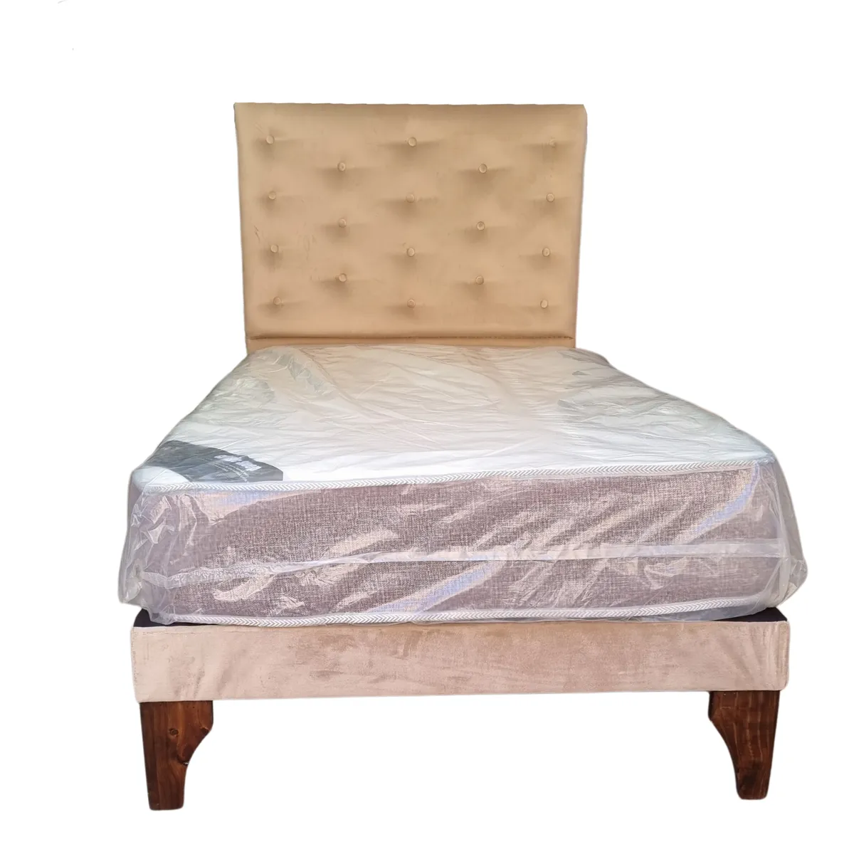 GENERICO - Cama Europea 1.5 Plazas + Respaldo Beige A Piso + Colchón Resorte