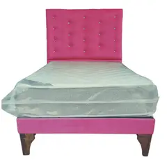 GENERICO - Cama Europea 1.5 Plazas + Respaldo Fucsia A Piso + Colchón Resorte