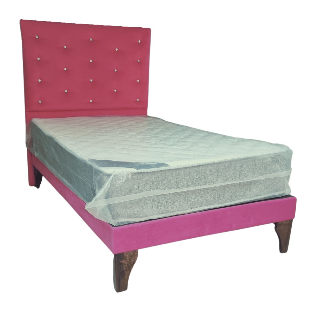 GENERICO - Cama Europea 1.5 Plazas + Respaldo Fucsia A Piso + Colchón Resorte