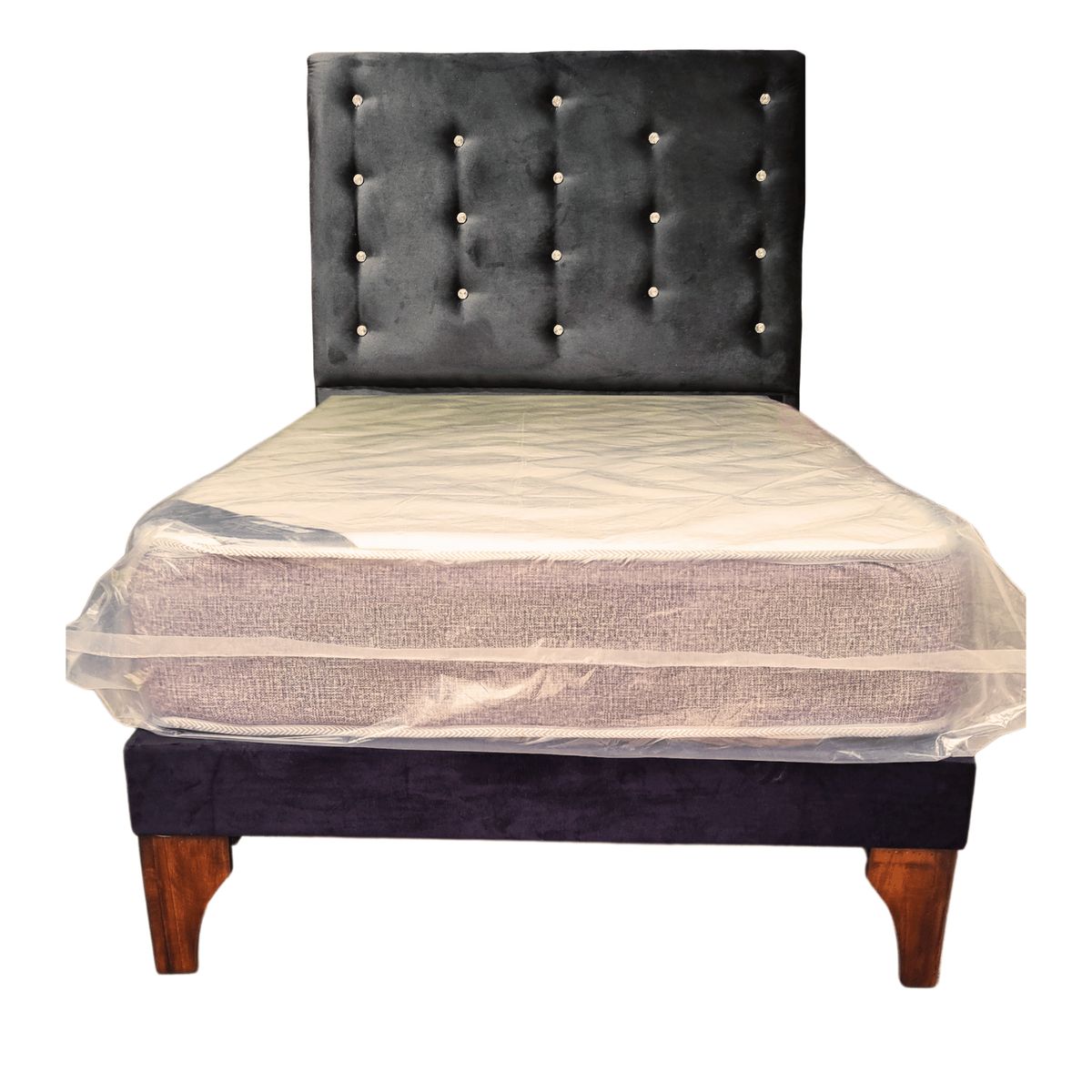 GENERICO - Cama Europea 15P + Respaldo Negro Felpa a Piso Diamante + Colchón Res