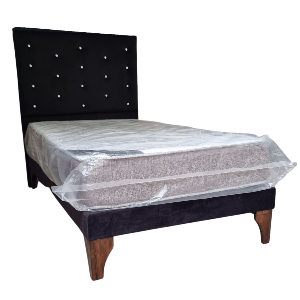 GENERICO - Cama Europea 15P + Respaldo Negro Felpa a Piso Diamante + Colchón Res