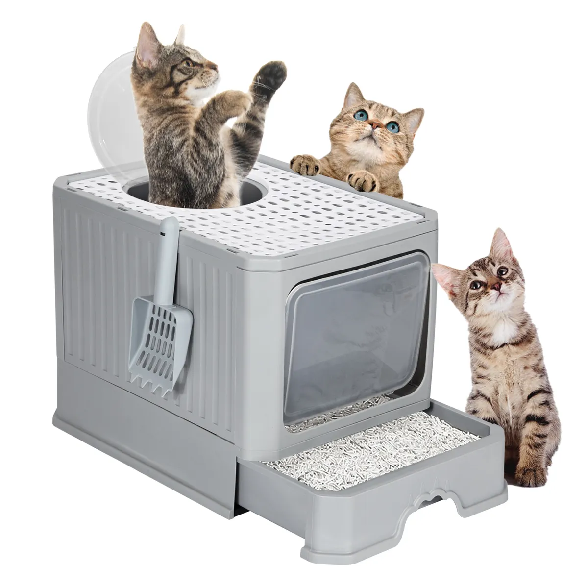 KOBA - Arenero Cerrado Gatos Baño Mascota Con Pala Antiolor Gris