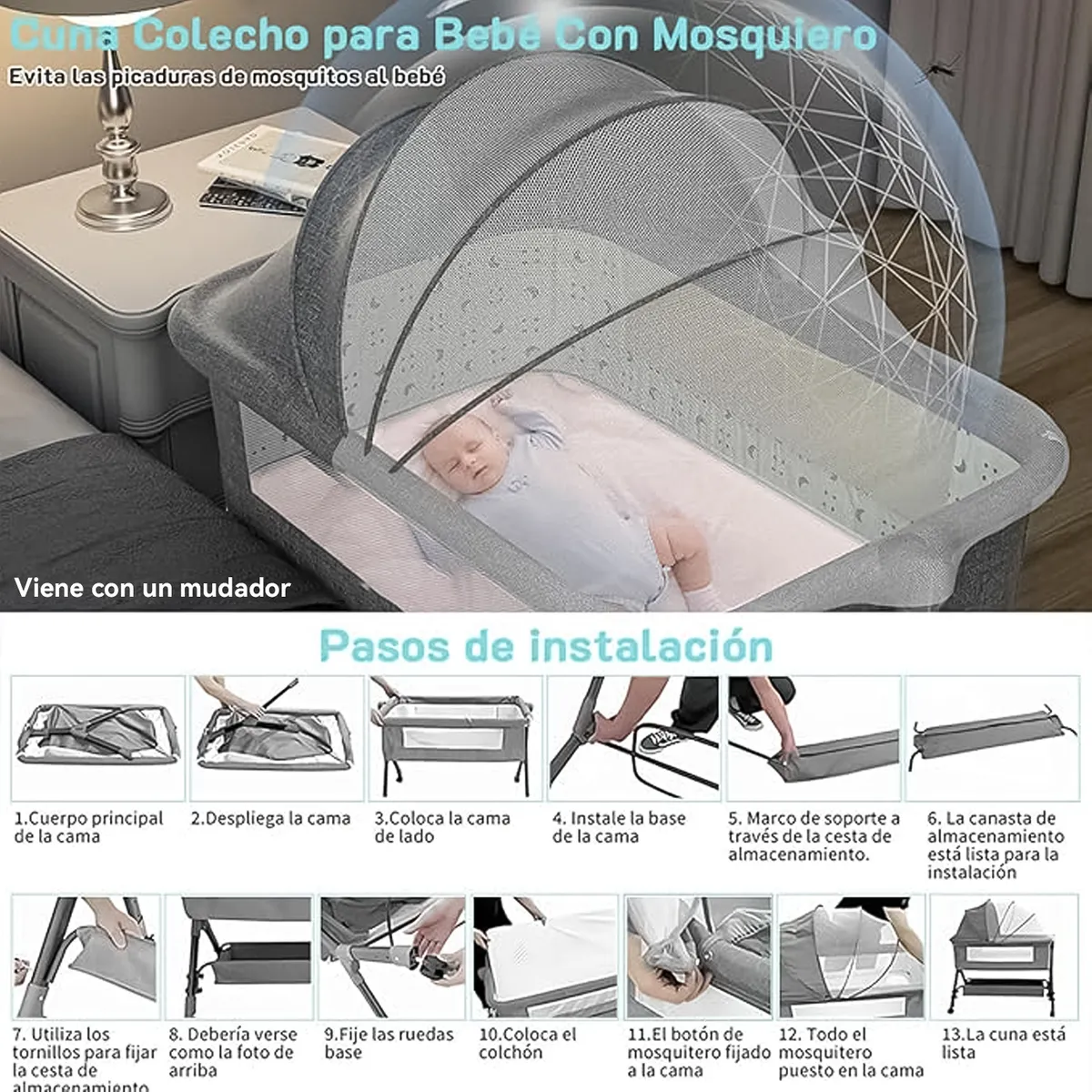 ANIKIDS - Cuna Colecho Corral Bebé Con Mosquitero Colchon Mudador Gris
