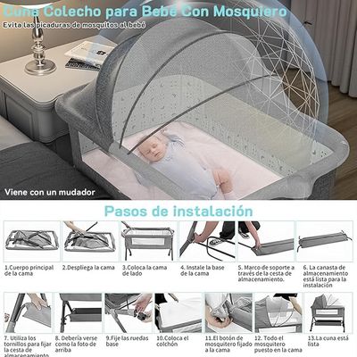 Imagen 2 del producto Cuna Colecho Corral Bebé Con Mosquitero Colchon Mudador Gris