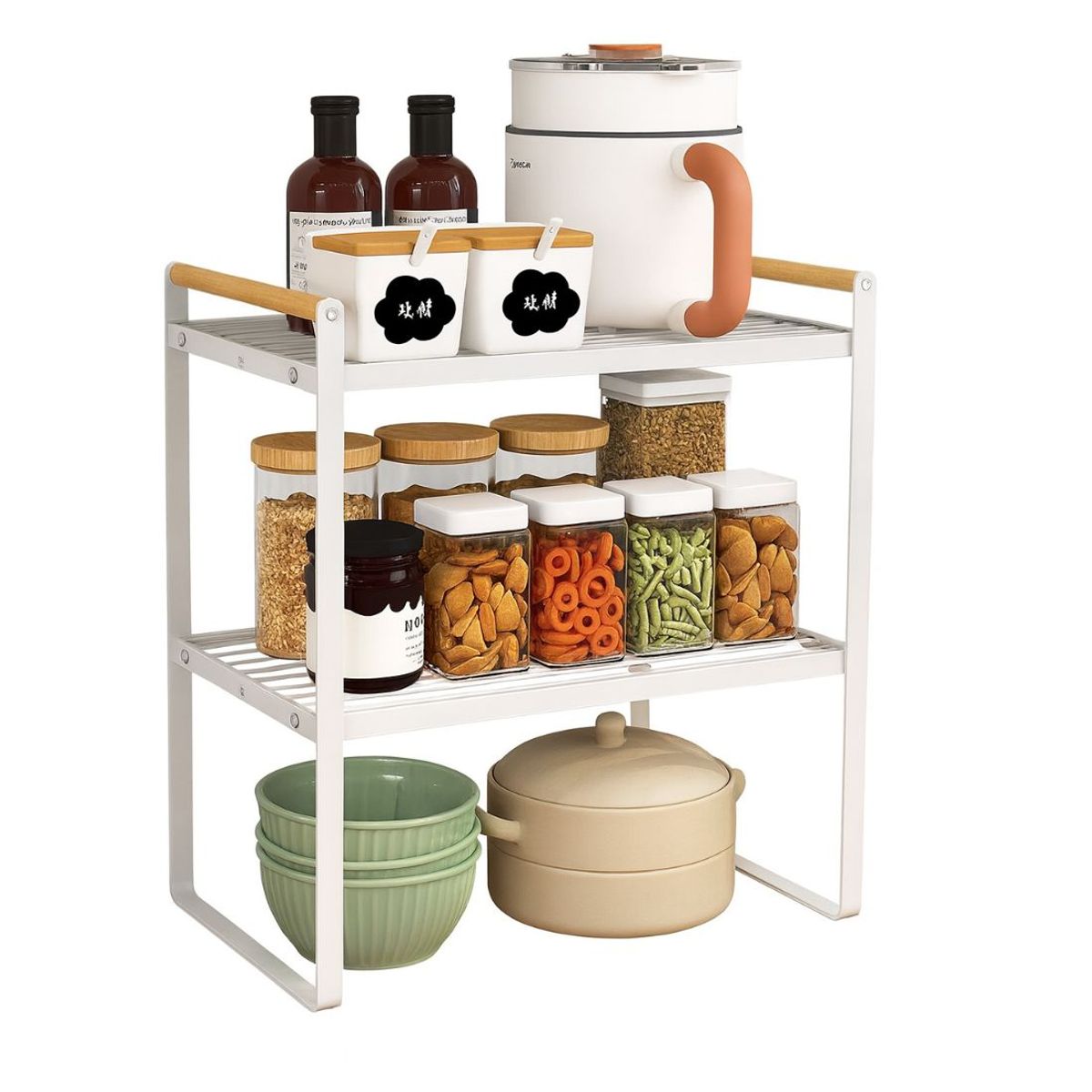 BAZUCA - Repisa organizadora 2 niveles de acero y madera blanco 34 cm – estante multiuso estilo nórdico