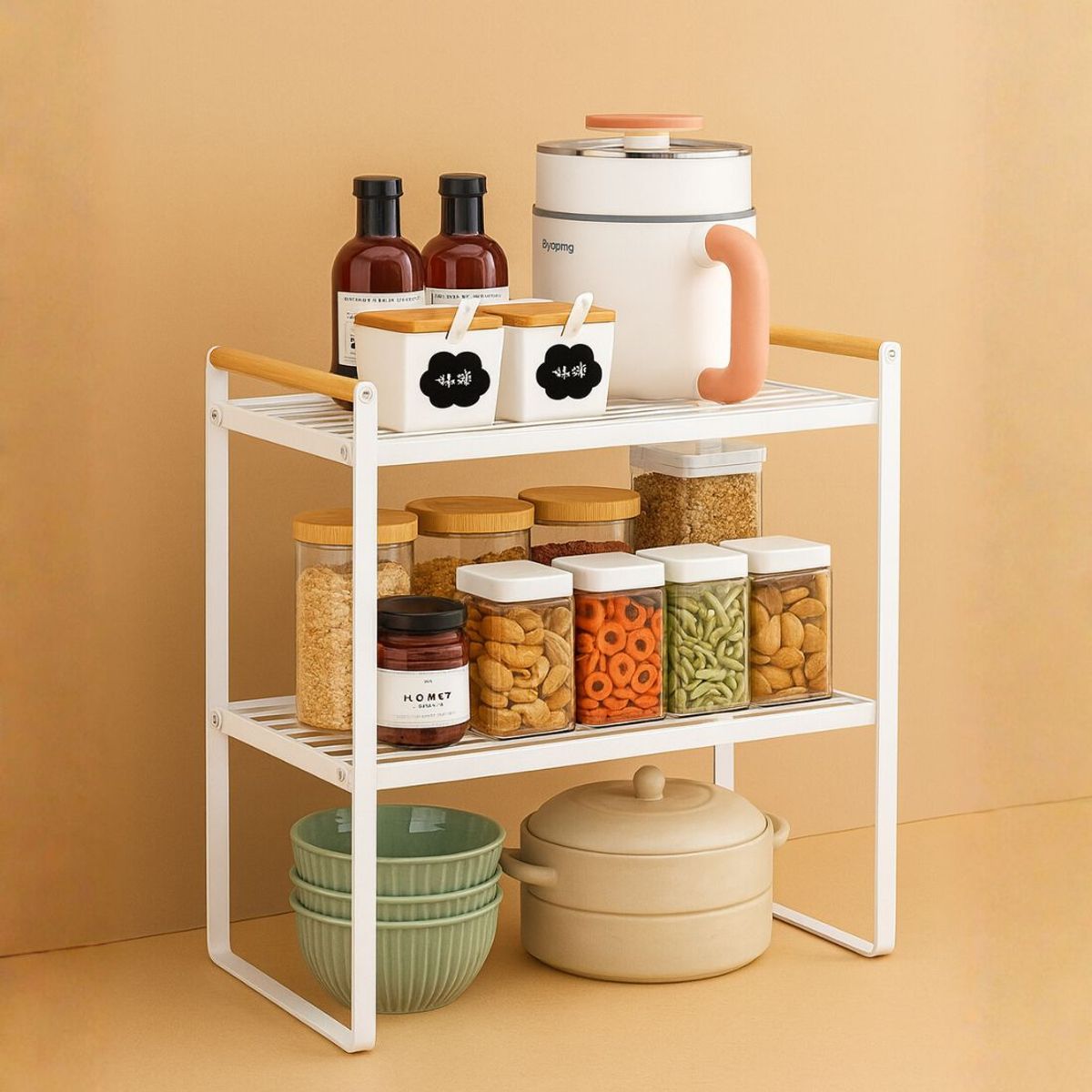 BAZUCA - Repisa organizadora 2 niveles de acero y madera blanco 34 cm – estante multiuso estilo nórdico