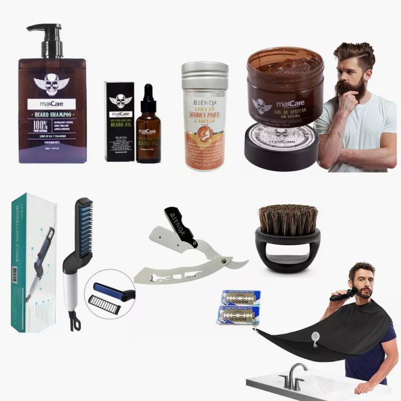 MAXCARE - Kit Barbería Aceite Cera Gel De Afeitar Shampoo Cepillo Capa Navaja