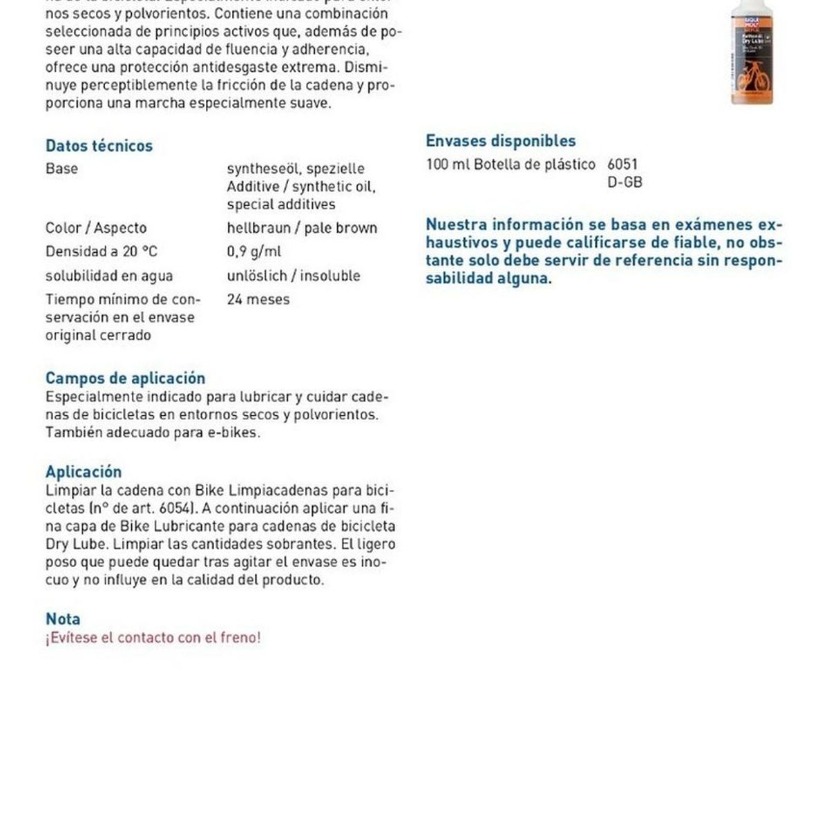 LIQUI MOLY - Lubricante O Aceite Cadena Bicicleta Seco Liqui Moly 100ml