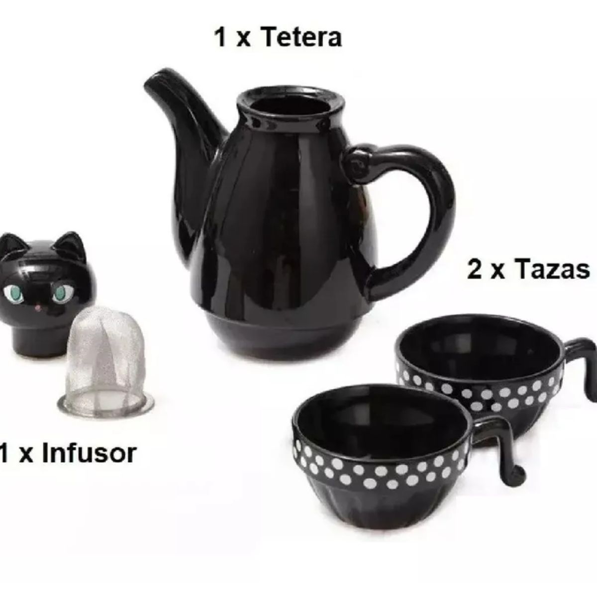 GENERICO - Set Tetera Gato Infusor + 2 Tazas Mug Gatos