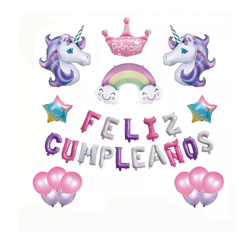 GENERICO - Set Globos Unicornio Feliz Cumpleaños Cotillón Activarte