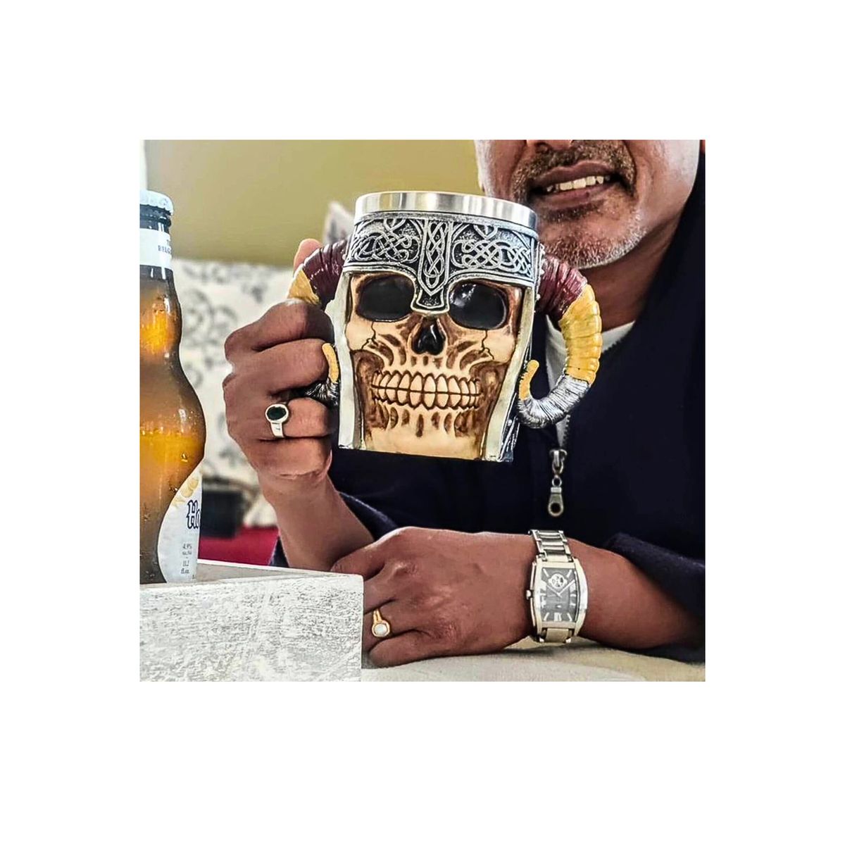 GENERICO - Taza Cervecera De Calavera Vikinga Diseño Doble Asa Regalo