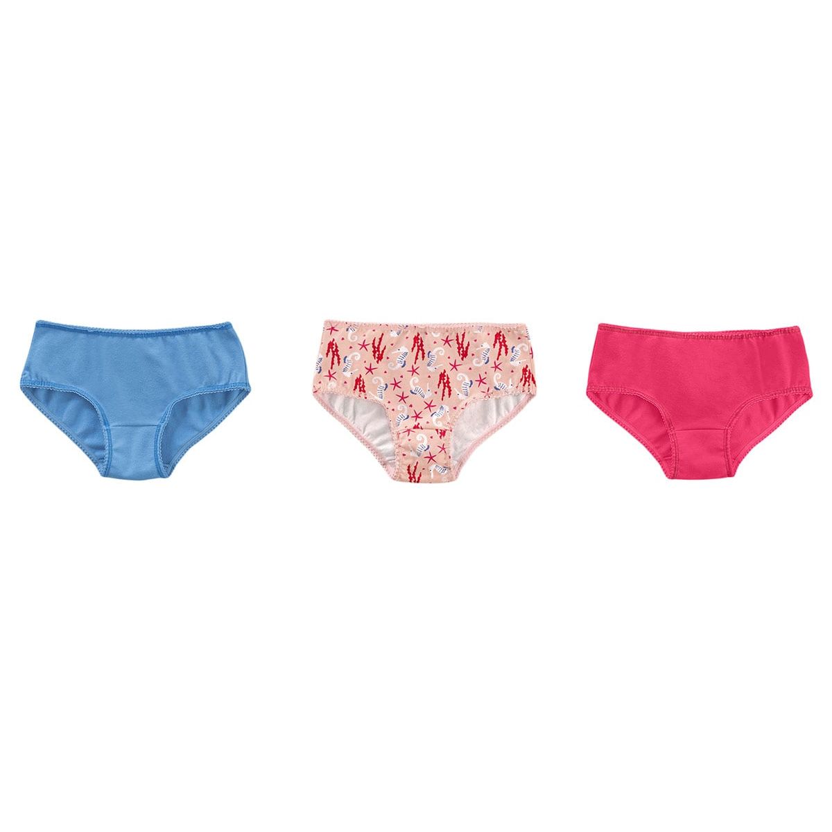 LEONISA - Pack x 3 calzones clásicos en algodón suave para niña 62302X3 Fucsia / Estampado Coral / Azul