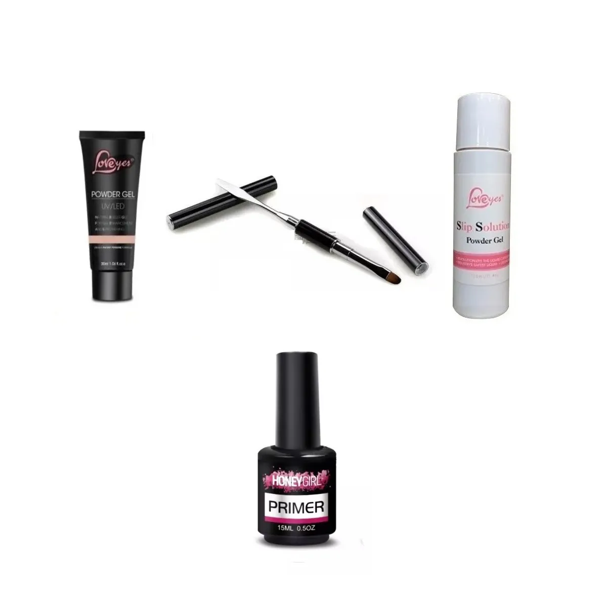 LOVEYES - Kit Polygel+  Pincel Polygel+  Primer+  Liquido para Polygel.