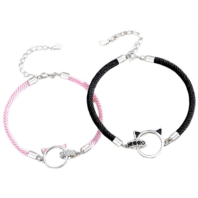 GENERICO - Pulseras Plata 925 Doble Anillo Gatos Parejas Zirconia