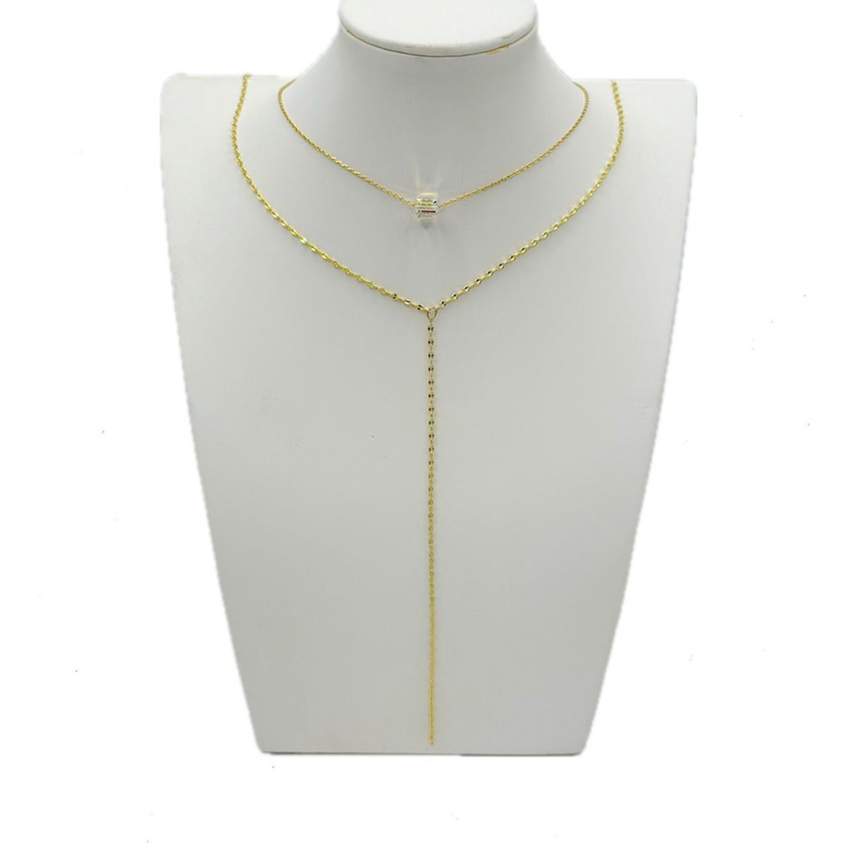 GENERICO - Collar Doble Corbata Cubo Cristal Tornasol Plata Baño Oro