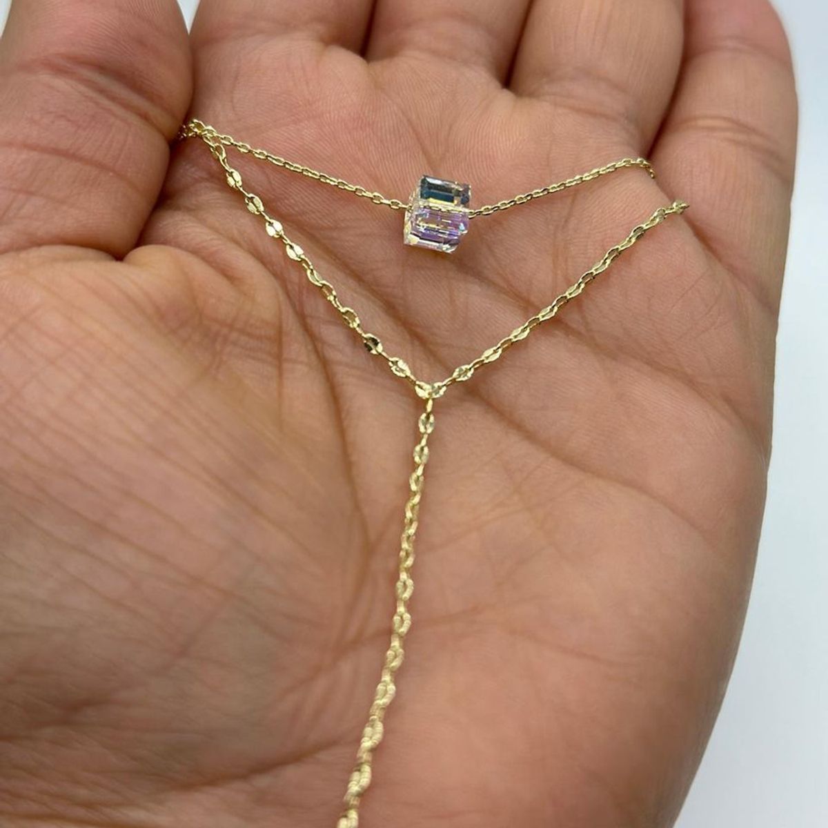 GENERICO - Collar Doble Corbata Cubo Cristal Tornasol Plata Baño Oro