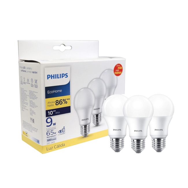 PHILIPS - Pack 3 Ampolletas Philips EcoHome Led Bulb 9W E27 Luz Cálida