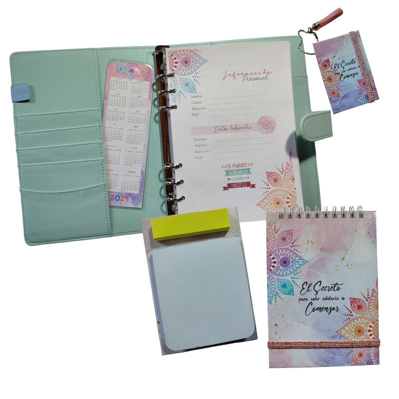 GENERICO - Pack Cuaderno Planner cubierta ecocuero Accesorios celeste