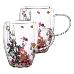 BAZUCA - Set de 2 Tazas Mug Doble Pared con Flores Eternas 350ml para Te y Cafe