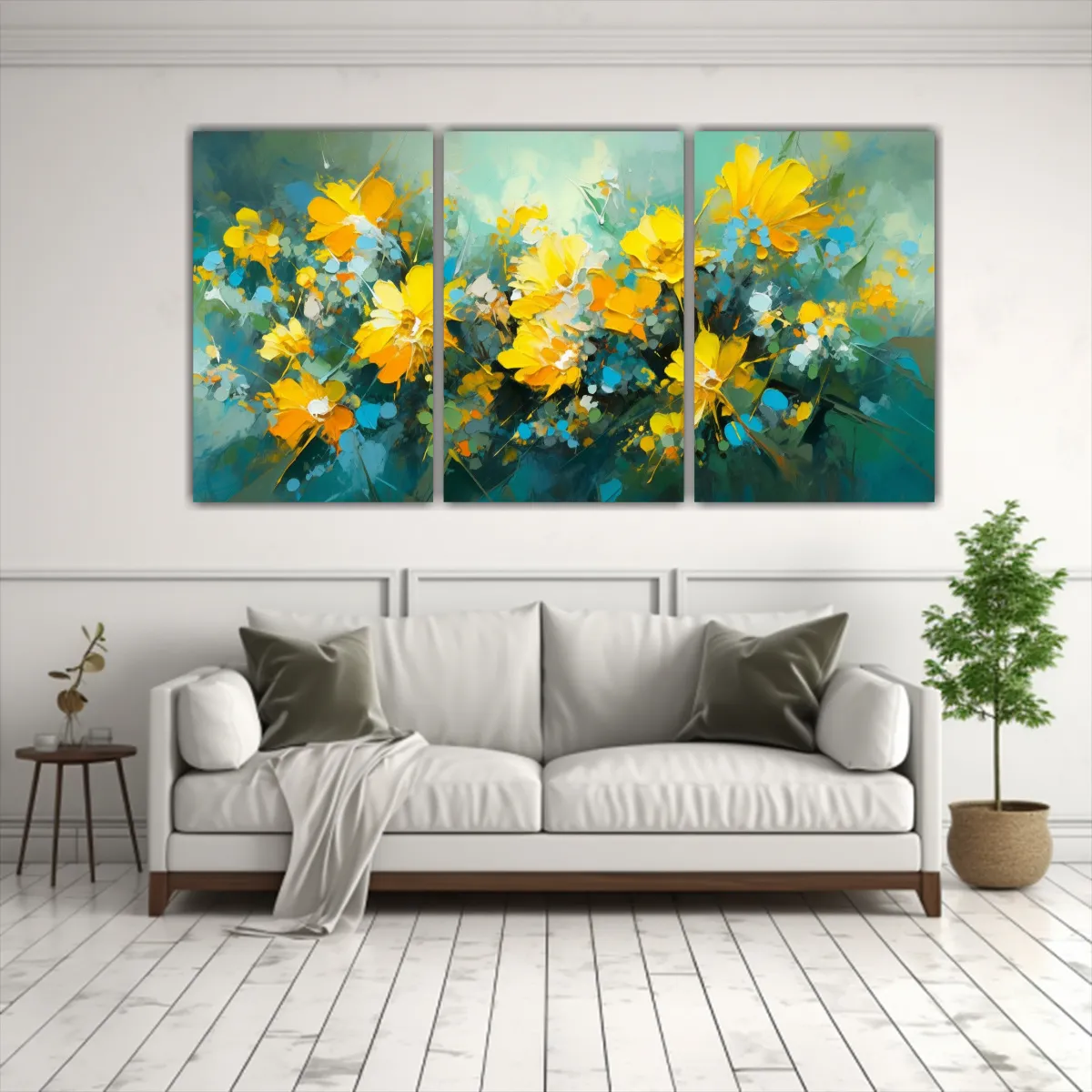 GENERICO - Pintura Abstracta Surrealista De Flores Amarillas Y Turquesa 240x120cm