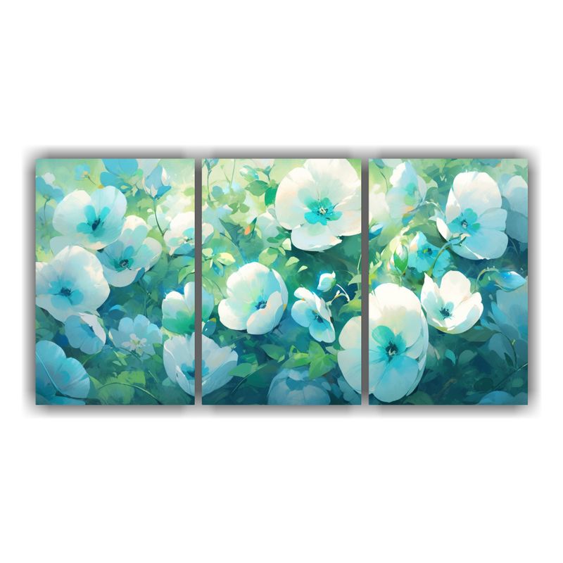 GENERICO - Tres Cuadros Acuarela Minimalismo Flores Verdes Y Cian En Li 240x120cm