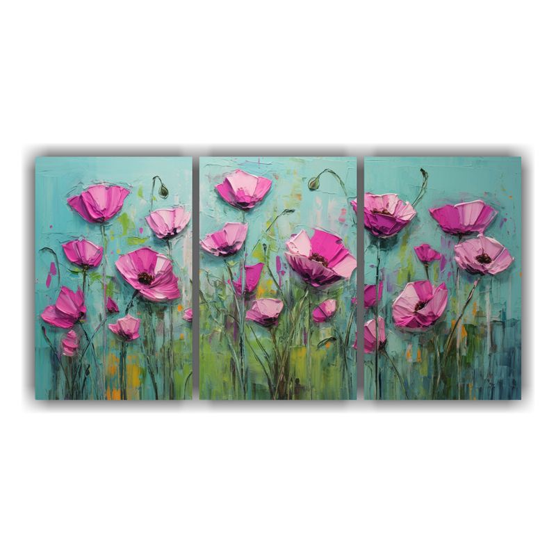 GENERICO - Pintura En Lienzo De Flores Verdes Y Magenta En Tres Cuadros 240x120cm