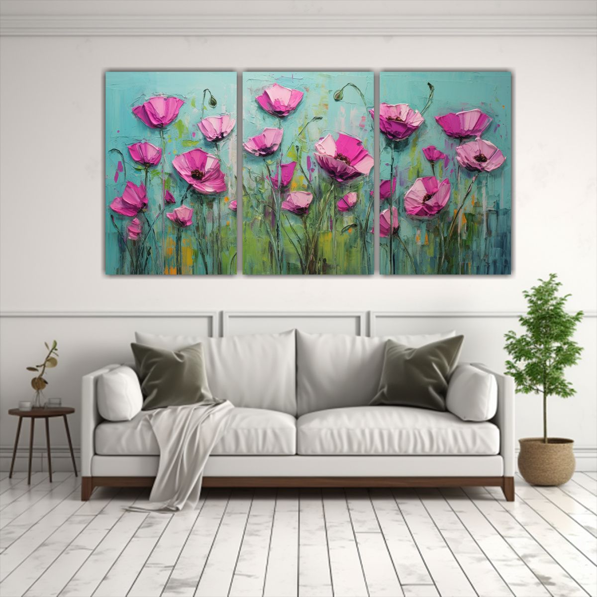 GENERICO - Pintura En Lienzo De Flores Verdes Y Magenta En Tres Cuadros 240x120cm