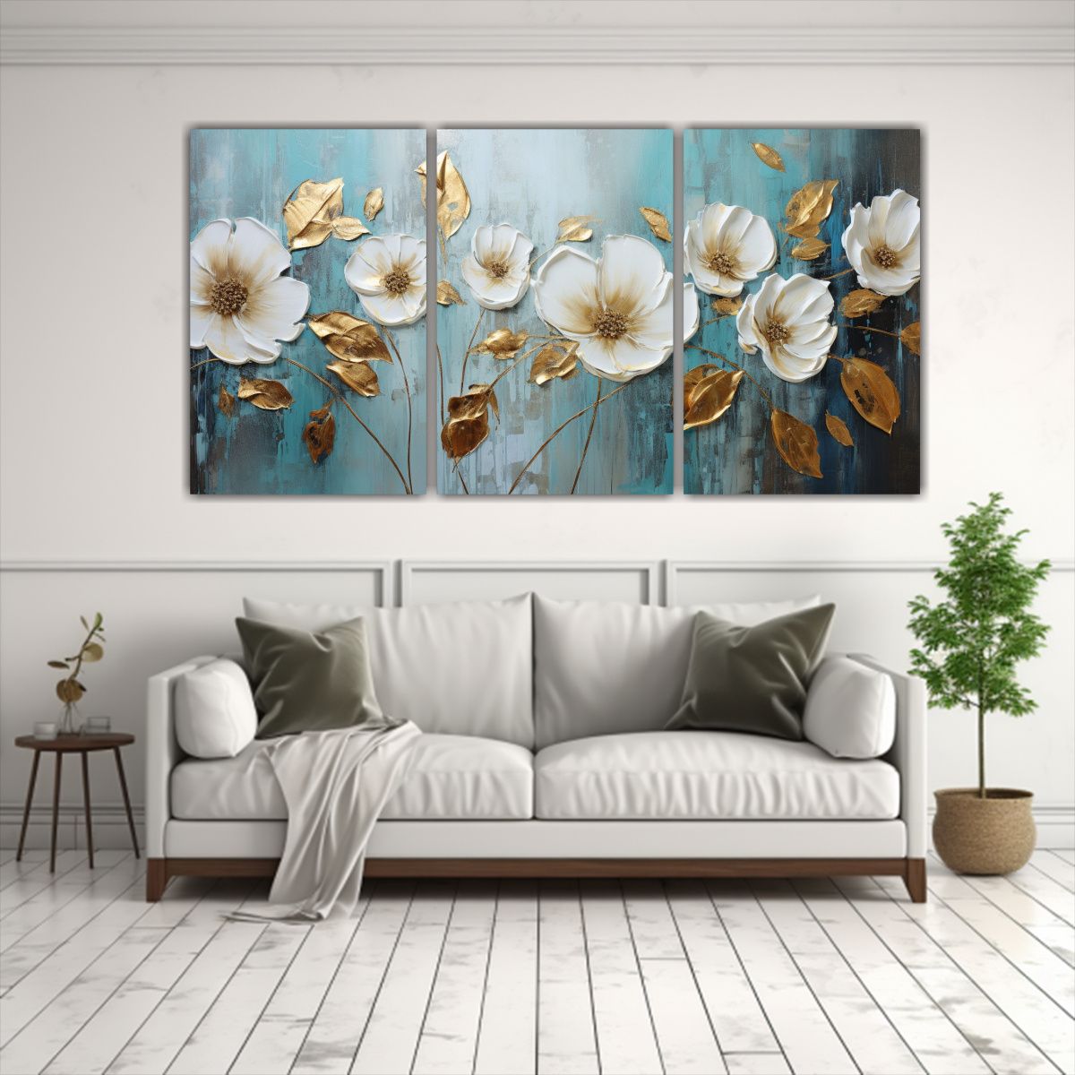 GENERICO - Tres Lienzos Cuadro Multicolor Pintura De Flores Turquesa Y  90x45cm