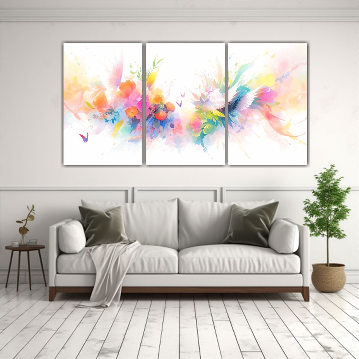 GENERICO - Pintura Abstracta Acuarela Flores Cuernos Colores Arcoíris  240x120cm