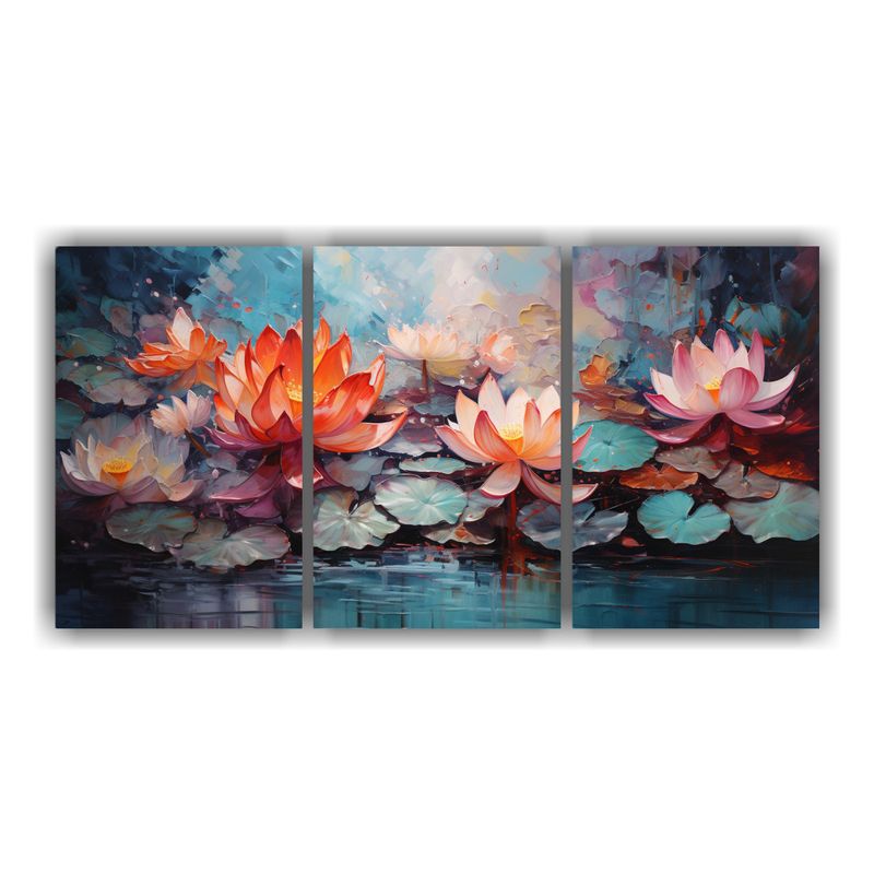 GENERICO - Tres Cuadros De Tela Canvas Estilo A Flores De Loto Rojo Y T 240x120cm