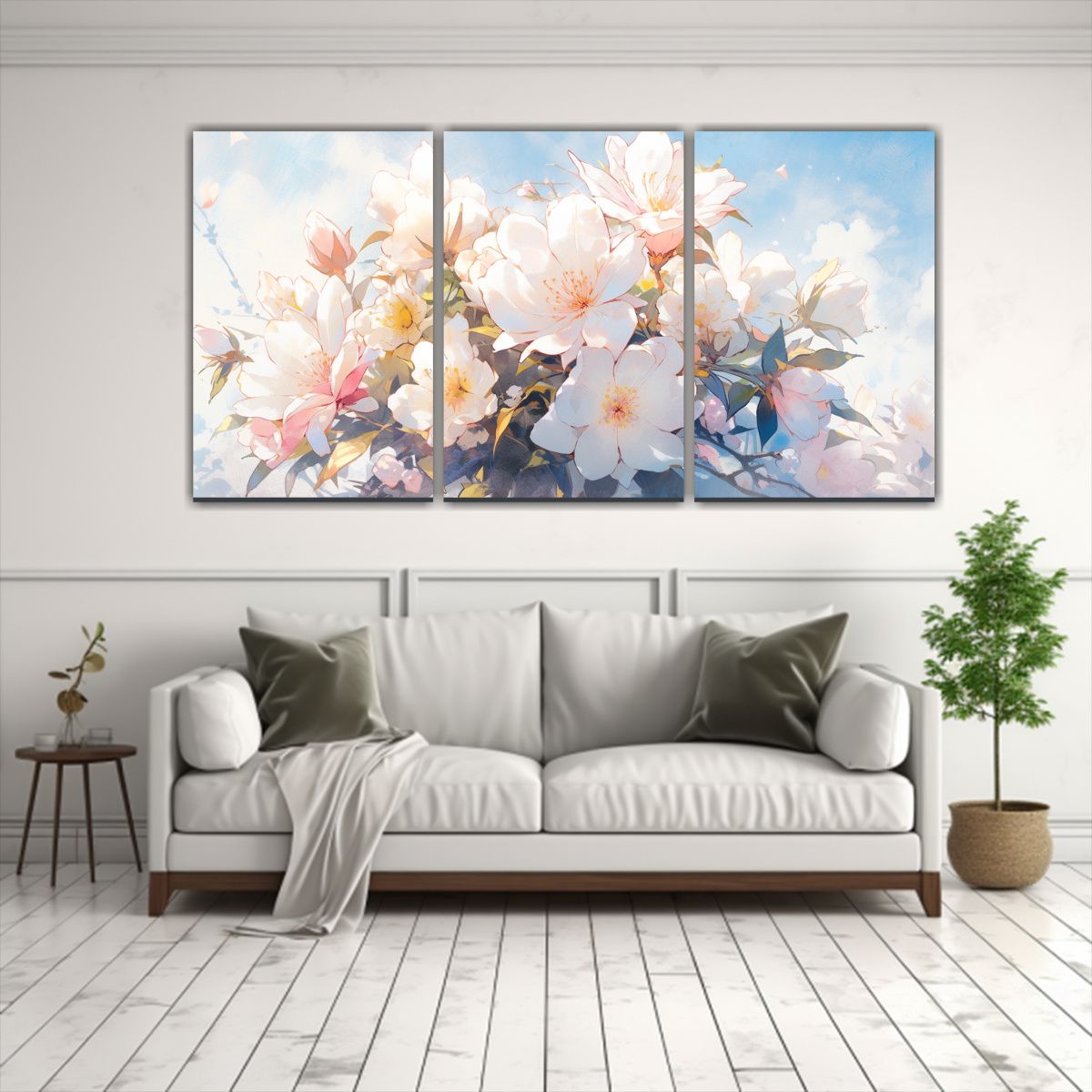 GENERICO - Tres Lienzos Expresión Comedor Magnolias Pastel Arte Acuare 240x120cm