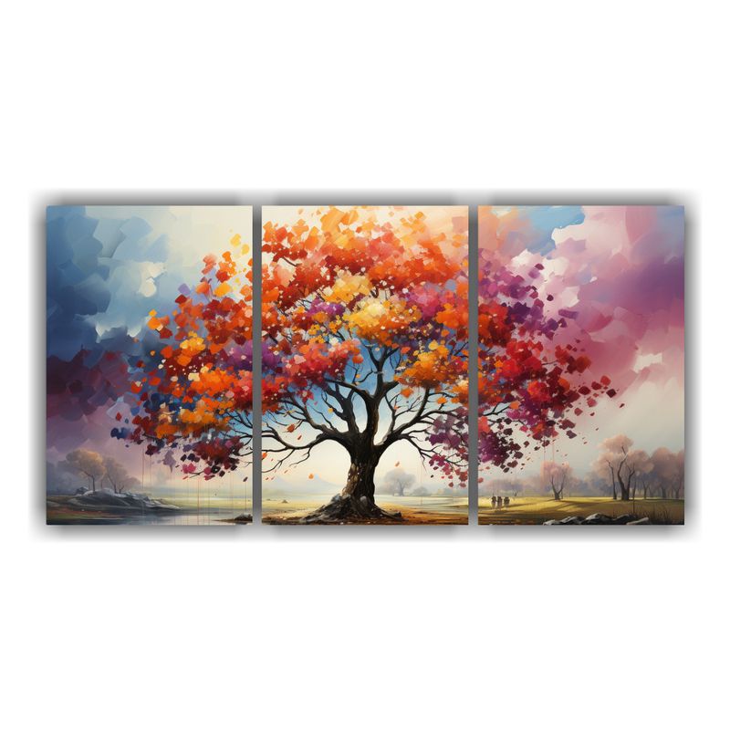 GENERICO - Pintura Abstracta En Tres Lienzos Con árbol De Abedul Y Col 240x120cm