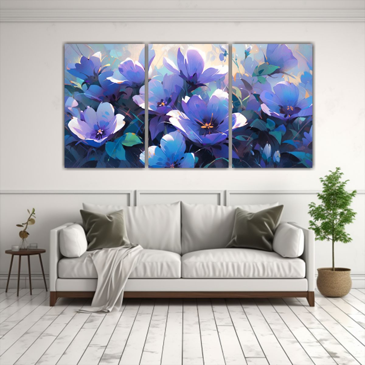 GENERICO - Pintura Lineal Horizontal De Flores En Colores Morado Y Cian 240x120cm