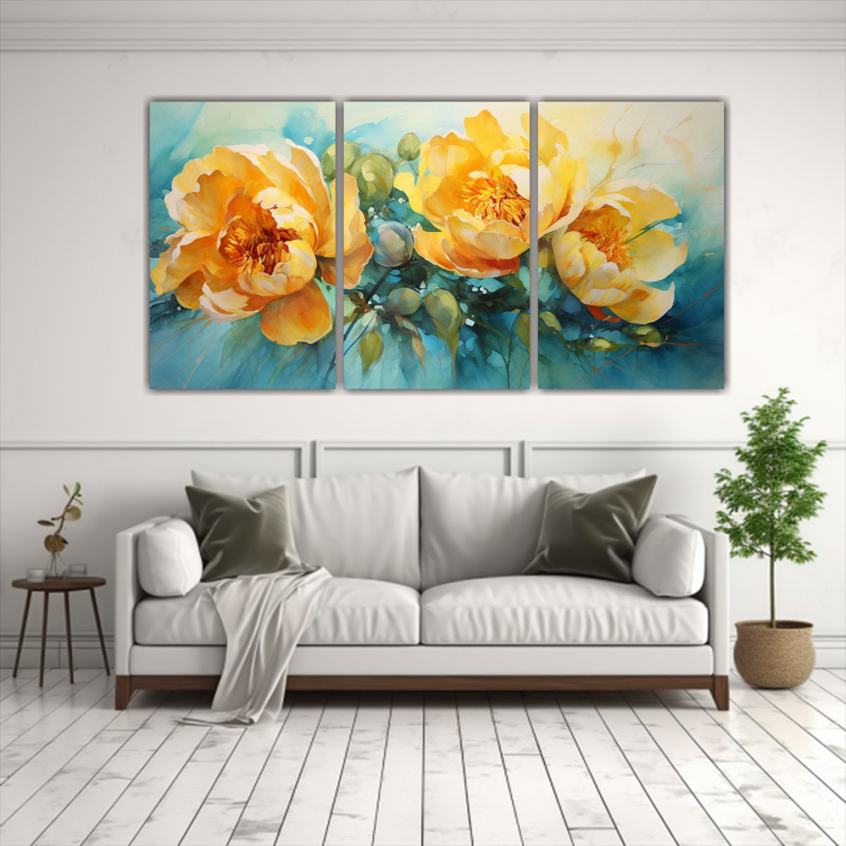 GENERICO - Cuadro Abstracto De Flores Peonías Amarillas Y Turquesas Pa 240x120cm