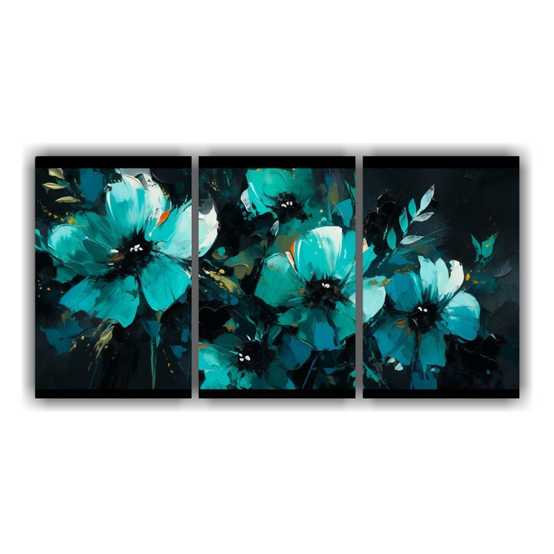 GENERICO - Pintura Conceptual En Lienzo: Flores Turquesa Y Negras 240x120cm