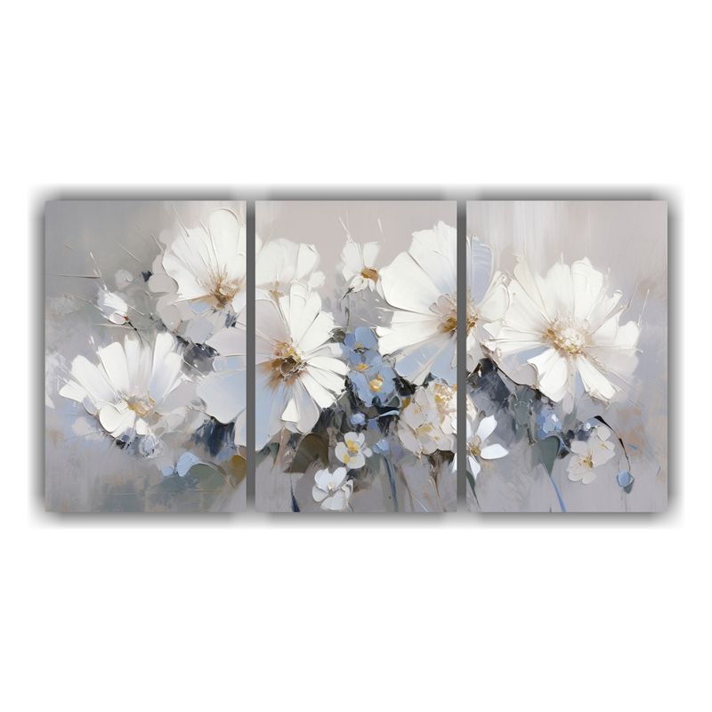 GENERICO - Set 3 Cuadros Diseño Florales Blanco Y Plateado En Lienzo P 240x120cm