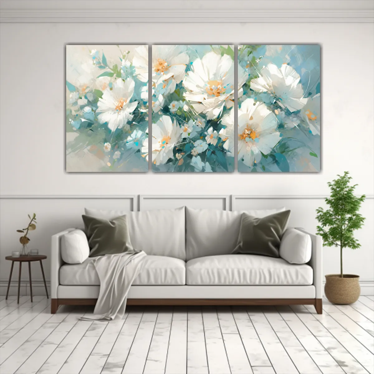 GENERICO - Pintura Original Tres Artes Calidos Flores Blancas Y Turques 240x120cm