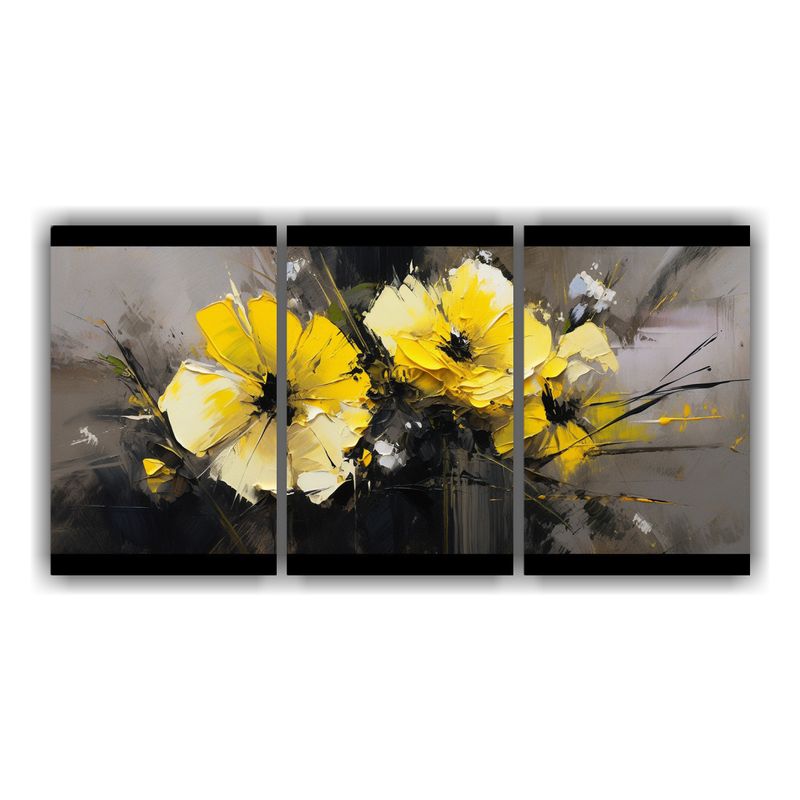 GENERICO - Cuadros Flores Amarillo Y Negro, Patrón Intenso Set De 3 240x120cm