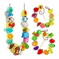 JUEGOS MAGICOS - Juguete Educativo Cuentas Enhebrador De Madera Frutas Animal