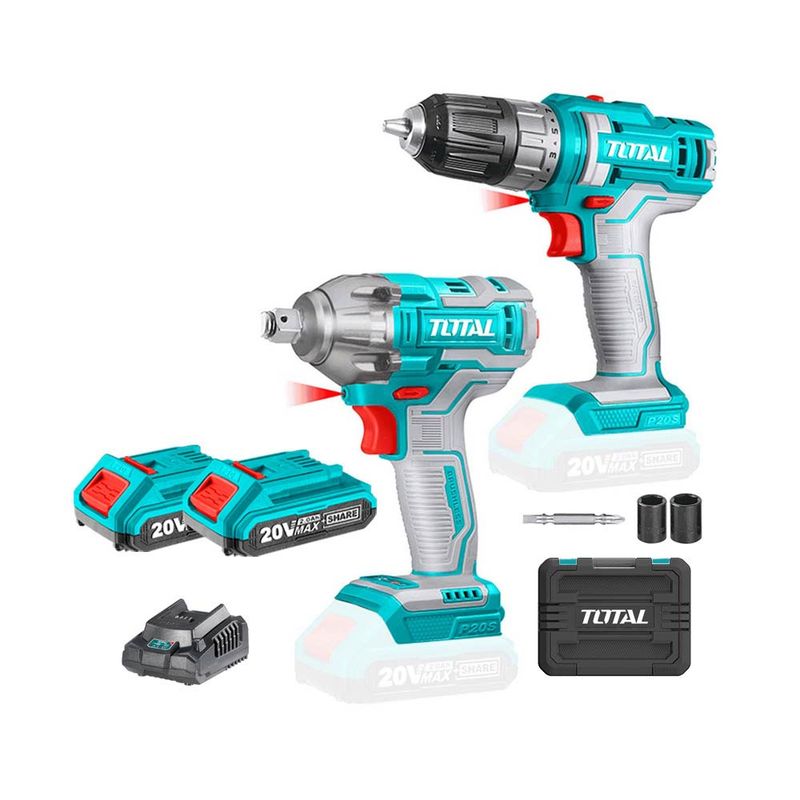 TOTAL TOOLS - Llave de Impacto Brushless + Taladro 10mm + 2 bat 2ah + Carg TOTAL