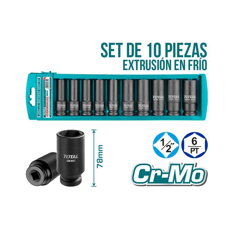 TOTAL TOOLS - Set Dados Impacto Industriales Cr-Mo 1/2 10 Piezas TOTAL