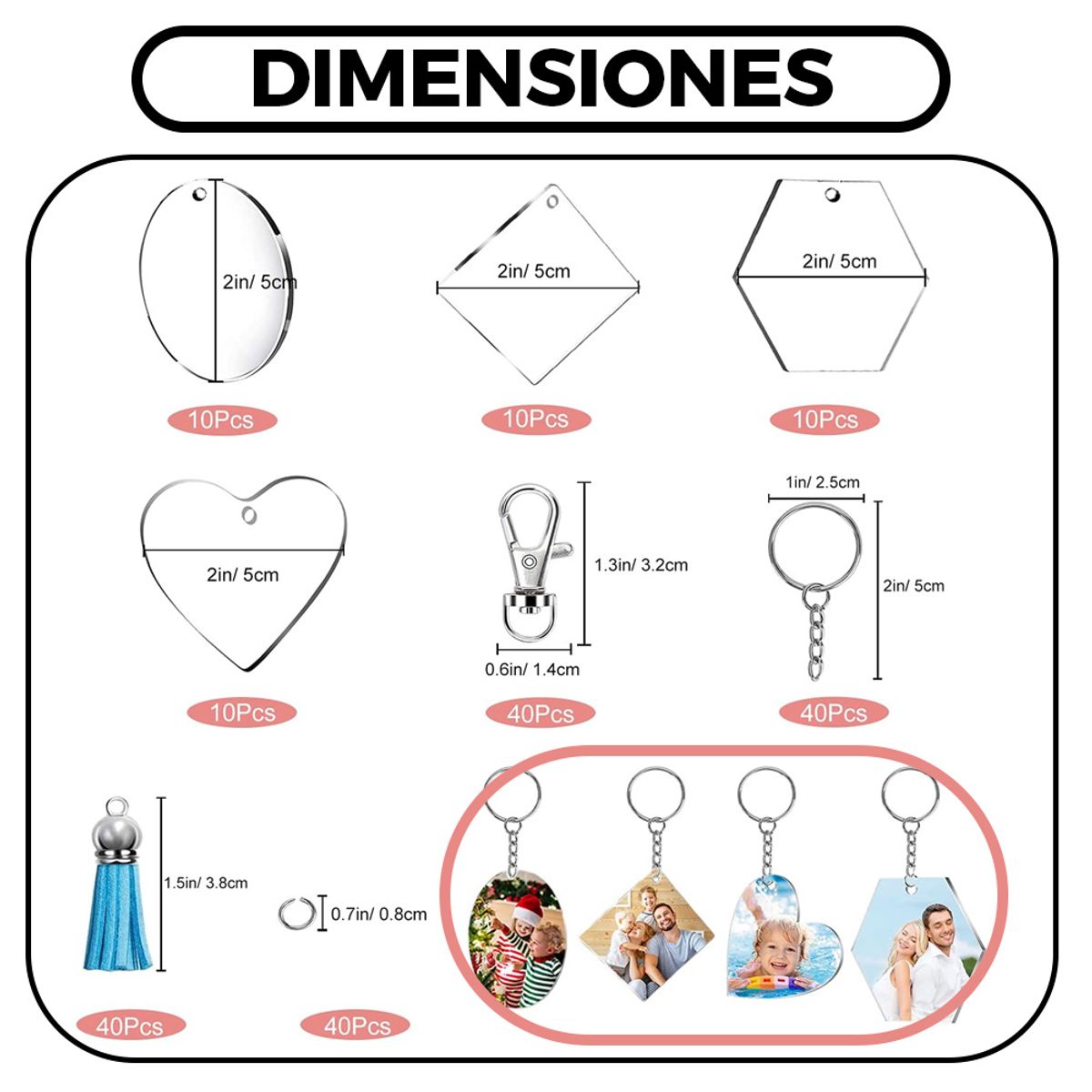 GENERICO - Set 200pcs Llaveros Acrílicos Con Argolla Borla Y Mosquetón