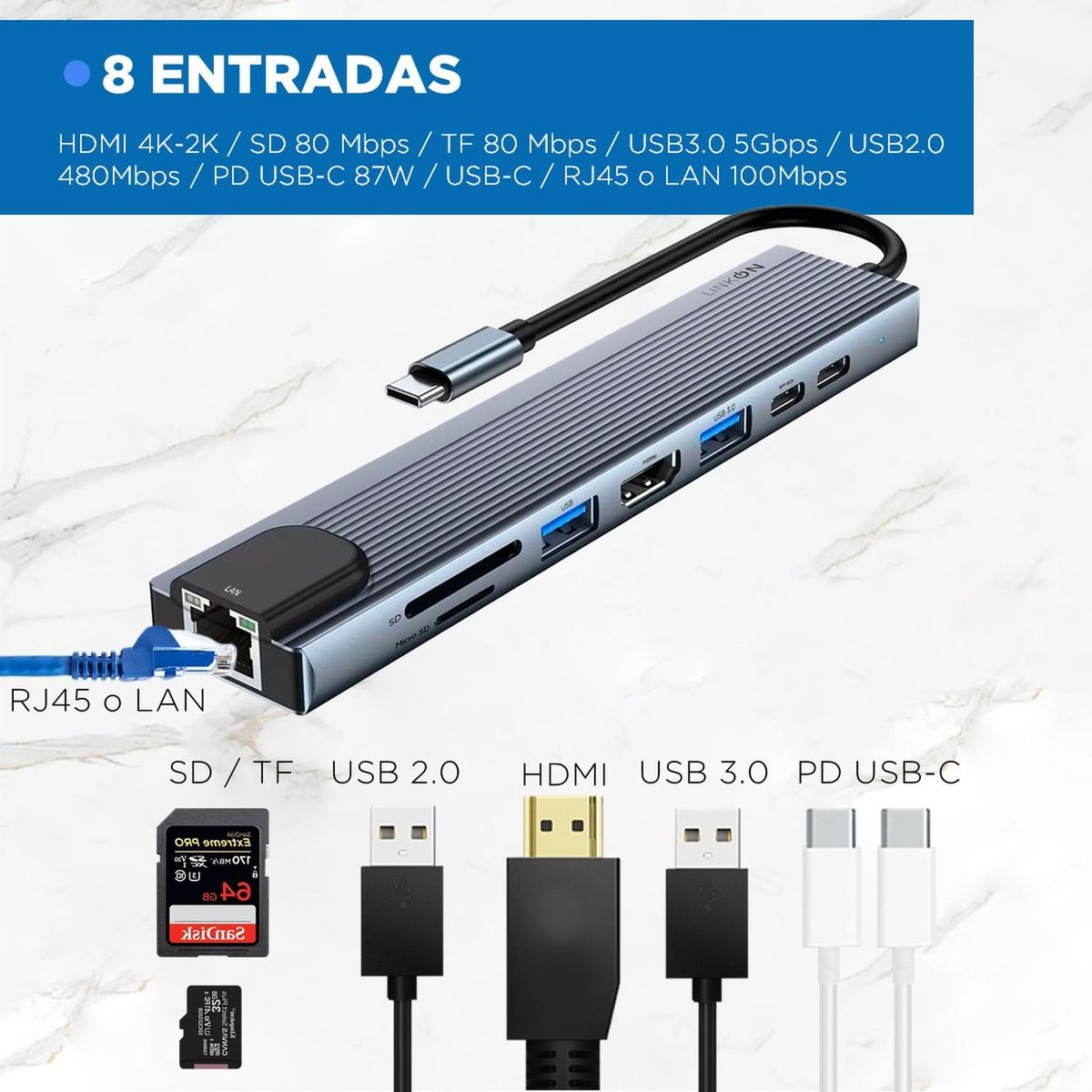 LINKON - Hub Adaptador Usb Tipo C 8 En 1 Linkon Para Mac Macbook Win