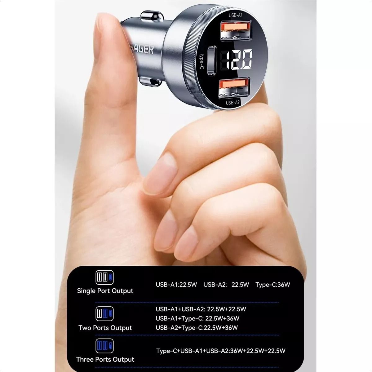 GENERICO - Cargador Rapido De Auto 80w  1x Usb C + 2x Usb A Essager