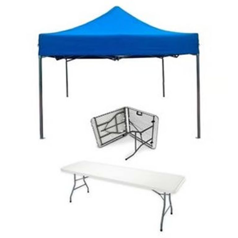 Pack Toldo 3x3 Metros Azul + Mesa Plegable Blanca 180 cm | Sodimac Chile