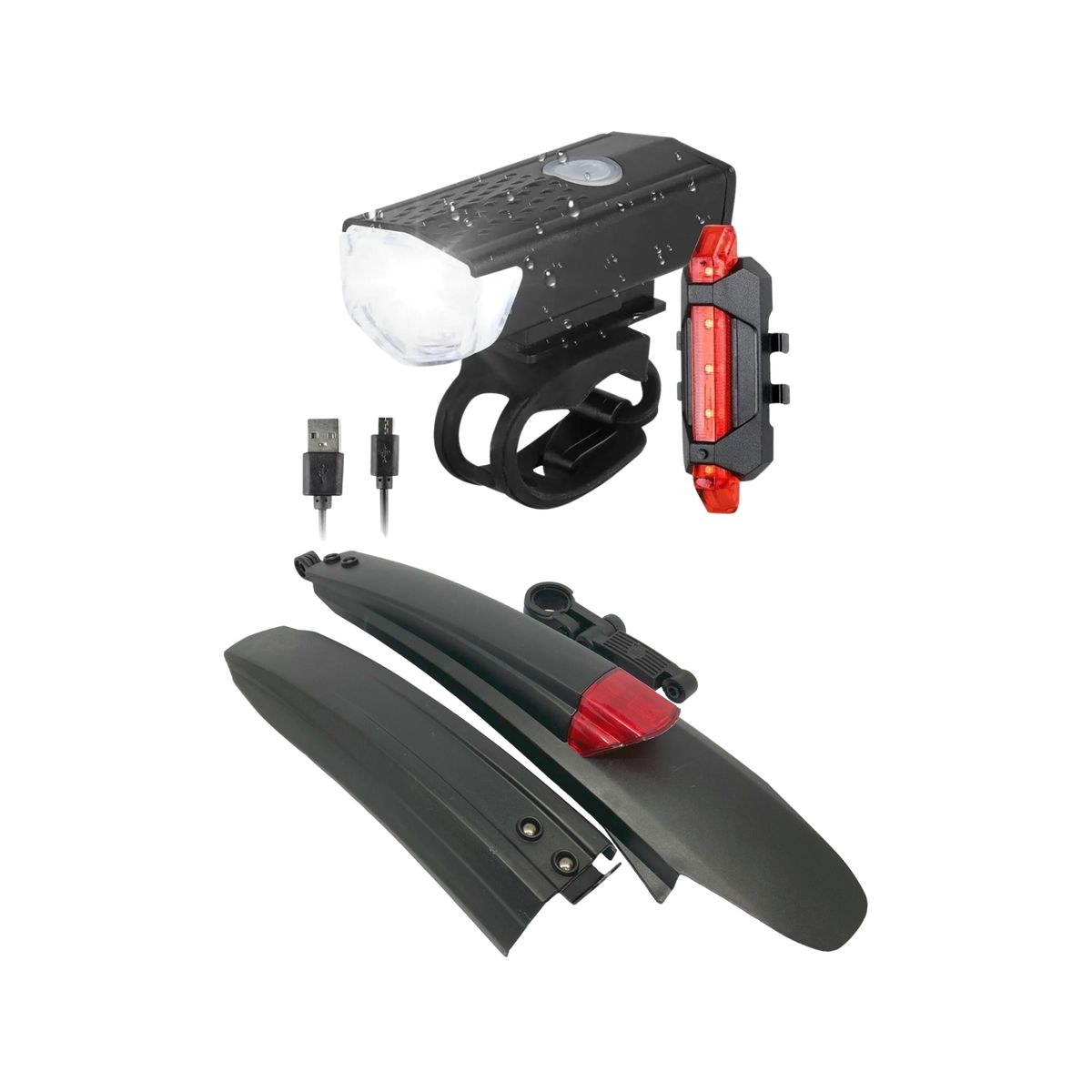 GENERICO - Pack Luz Recargable Mas Tapabarros Bicicleta Reflectante